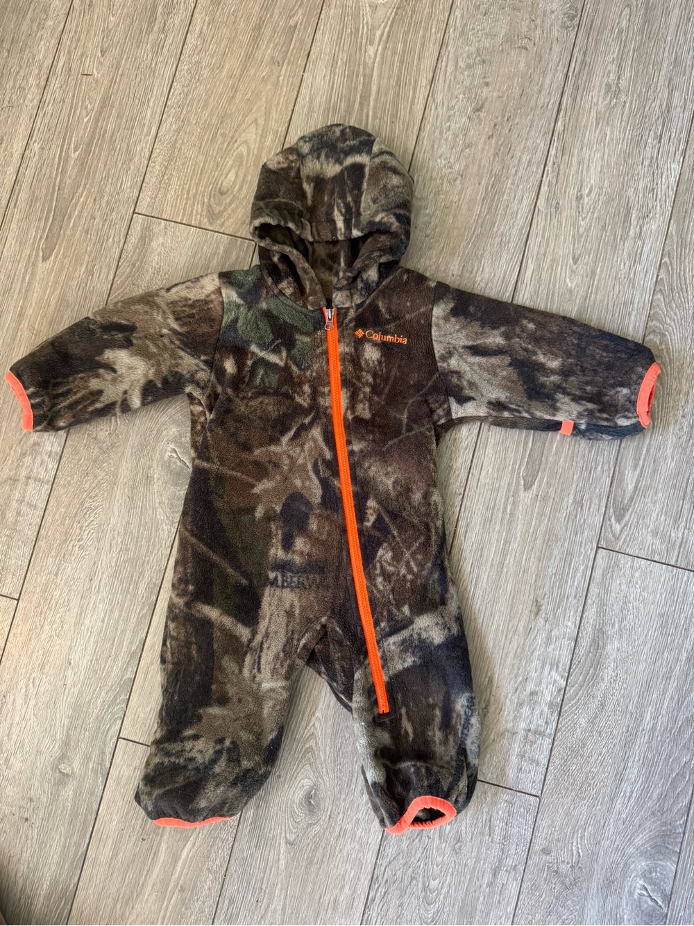 Columbia Kids Brown Camo Fleece One-Piece with Orange Trim